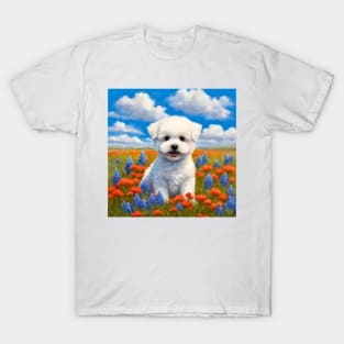 Bichon Frise Puppy in Texas Wildflower Field T-Shirt